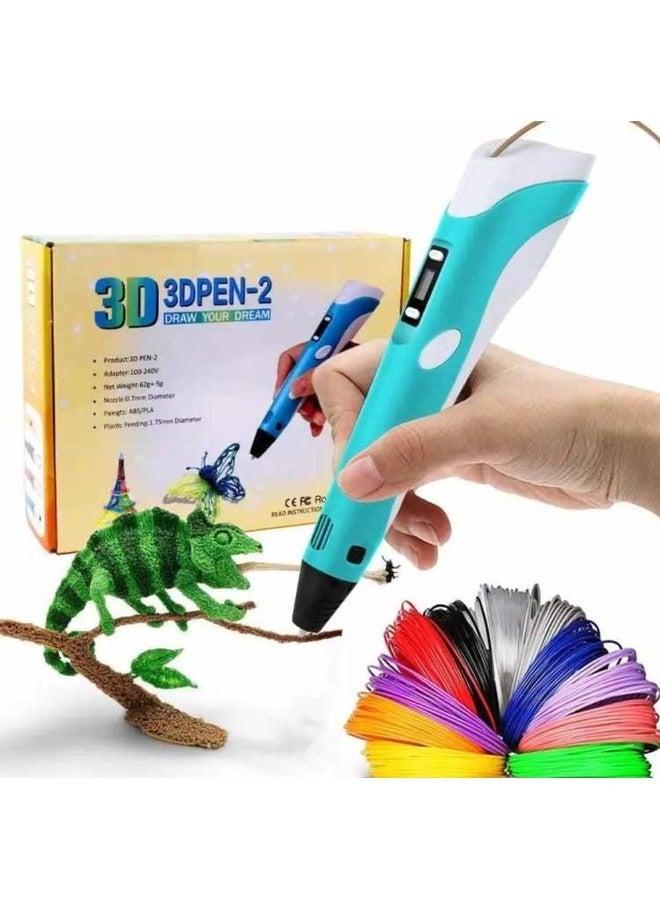 3D Printing Pen with Display - Includes 3D Pen, 3 Starter Colors of PLA Filament, Stencil Book + Project Guide, and Charger, Educational Gift For Kids, Blue